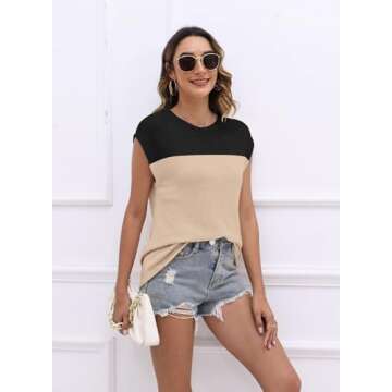 Womens Cap Sleeve Sweater Vest Summer Tops Sleeveless Tank 2025 Trendy Spring Clothes Striped Short Sleeve Shirts,Color Black,Large