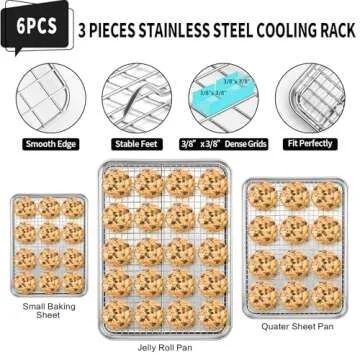 CEKEE Baking Sheet with Wire Rack Set of 6 (3 Cookie Sheets for baking + 3 Cooking Racks), Stainless Steel Stainless Steel Baking Pans Set with Cooling Rack - Heavy Duty & Dishwasher Safe