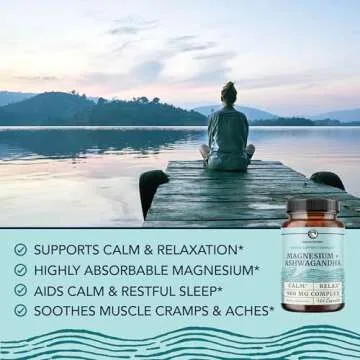 Magnesium Ashwagandha | Calming Magnesium Supplement for Adults | Relax, Rest, Calm Mood & Sleep Support | Mag Citrate & Oxide 400 mg + Ashwagandha 500 mg | Muscle Health & Stress Relief | 120 Ct