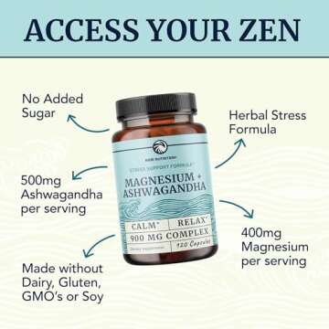 Magnesium Ashwagandha | Calming Magnesium Supplement for Adults | Relax, Rest, Calm Mood & Sleep Support | Mag Citrate & Oxide 400 mg + Ashwagandha 500 mg | Muscle Health & Stress Relief | 120 Ct