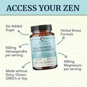 Magnesium Ashwagandha | Calming Magnesium Supplement for Adults | Relax, Rest, Calm Mood & Sleep Support | Mag Citrate & Oxide 400 mg + Ashwagandha 500 mg | Muscle Health & Stress Relief | 120 Ct