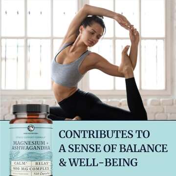 Magnesium Ashwagandha | Calming Magnesium Supplement for Adults | Relax, Rest, Calm Mood & Sleep Support | Mag Citrate & Oxide 400 mg + Ashwagandha 500 mg | Muscle Health & Stress Relief | 120 Ct