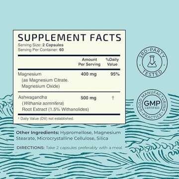 Magnesium Ashwagandha | Calming Magnesium Supplement for Adults | Relax, Rest, Calm Mood & Sleep Support | Mag Citrate & Oxide 400 mg + Ashwagandha 500 mg | Muscle Health & Stress Relief | 120 Ct