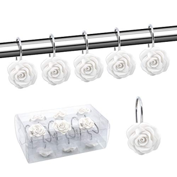 BEAVO Shower Curtain Hooks, Home Decorative Rustproof Shower Curtain Hooks Resin Rose Flower Shower ...