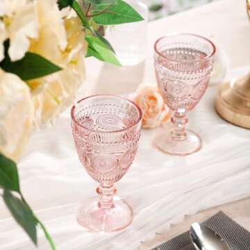 ysnn Pink Wine Glasses Set of 6 Goblets 10 oz Drinking Glass Cups with Embossed Pattern Vintage Beverage Glassware for Party Wedding Baby Shower Holidays Anniversary Bar