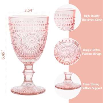 ysnn Pink Wine Glasses Set of 6 Goblets 10 oz Drinking Glass Cups with Embossed Pattern Vintage Beverage Glassware for Party Wedding Baby Shower Holidays Anniversary Bar