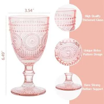 ysnn Pink Wine Glasses Set of 6 Goblets 10 oz Drinking Glass Cups with Embossed Pattern Vintage Beverage Glassware for Party Wedding Baby Shower Holidays Anniversary Bar
