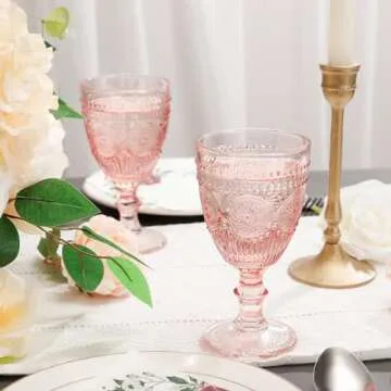 ysnn Pink Wine Glasses Set of 6 Goblets 10 oz Drinking Glass Cups with Embossed Pattern Vintage Beverage Glassware for Party Wedding Baby Shower Holidays Anniversary Bar