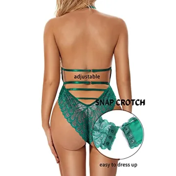 Aranmei Sexy Lingerie for Women Naughty Lace Bodysuit Snap Crotch Deep V Teddy One Piece Valentines Day Lingerie Dark Green XX-Large