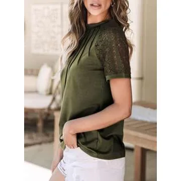 EVALESS Womens Fashion Spring Summer Tops 2025 Trendy Crewneck Sexy Patchwork Lace Short Sleeve Outfits T Shirts Casual Going Out Knitted Tops Blouses Clothes Green X-Large