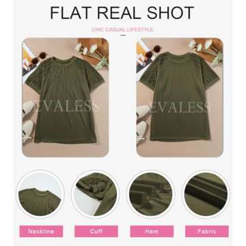 EVALESS Womens Fashion Spring Summer Tops 2025 Trendy Crewneck Sexy Patchwork Lace Short Sleeve Outfits T Shirts Casual Going Out Knitted Tops Blouses Clothes Green X-Large