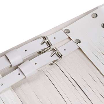 FEESHOW Women's Faux Leather Adjustable Double Waist Belt Fringed Skirt with Buckles White One Size