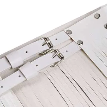 FEESHOW Women's Faux Leather Adjustable Double Waist Belt Fringed Skirt with Buckles White One Size