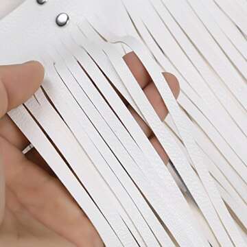 FEESHOW Women's Faux Leather Adjustable Double Waist Belt Fringed Skirt with Buckles White One Size