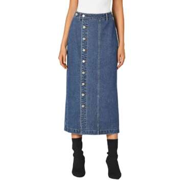 KIFOVEN Women's Casual Slit Jean Midi Skirt High Waist Button Up Denim Skirt