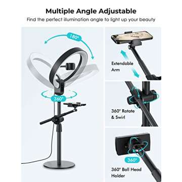 viozon Overhead Live Stand with 12" LED Ring Light, Outer 24W 6500K, Two Cellphone Holders Compatible with 3.5-6.7" Cellphones, Adjustable Height&Angle, Aluminum Alloy, for Live Stream/YouTube/TikTok
