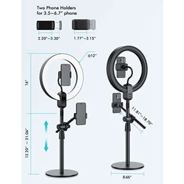 viozon Overhead Live Stand with 12" LED Ring Light, Outer 24W 6500K, Two Cellphone Holders Compatible with 3.5-6.7" Cellphones, Adjustable Height&Angle, Aluminum Alloy, for Live Stream/YouTube/TikTok