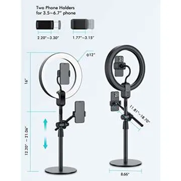 viozon Overhead Live Stand with 12" LED Ring Light, Outer 24W 6500K, Two Cellphone Holders Compatible with 3.5-6.7" Cellphones, Adjustable Height&Angle, Aluminum Alloy, for Live Stream/YouTube/TikTok