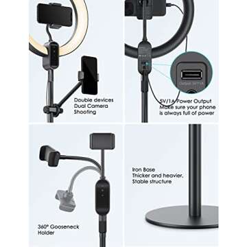 viozon Overhead Live Stand with 12" LED Ring Light, Outer 24W 6500K, Two Cellphone Holders Compatible with 3.5-6.7" Cellphones, Adjustable Height&Angle, Aluminum Alloy, for Live Stream/YouTube/TikTok