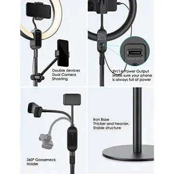 viozon Overhead Live Stand with 12" LED Ring Light, Outer 24W 6500K, Two Cellphone Holders Compatible with 3.5-6.7" Cellphones, Adjustable Height&Angle, Aluminum Alloy, for Live Stream/YouTube/TikTok