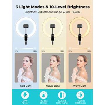 viozon Overhead Live Stand with 12" LED Ring Light, Outer 24W 6500K, Two Cellphone Holders Compatible with 3.5-6.7" Cellphones, Adjustable Height&Angle, Aluminum Alloy, for Live Stream/YouTube/TikTok