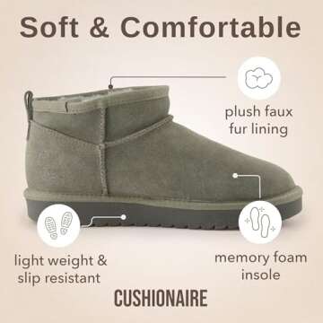 CUSHIONAIRE Women's Hip 2 Genuine Suede Ankle Snow Boots - Pull-On with Cozy Faux Shearling Lining, +Memory Foam, Short Boots Women, Grey 9