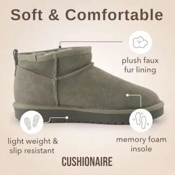 CUSHIONAIRE Women's Hip 2 Genuine Suede Ankle Snow Boots - Pull-On with Cozy Faux Shearling Lining, +Memory Foam, Short Boots Women, Grey 9