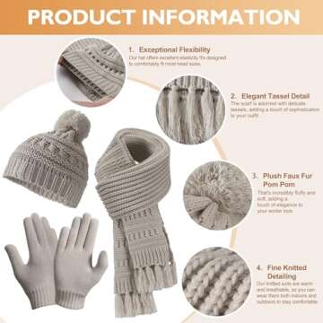 Womens Scarfs Winter Gloves and Hat Sets for Women Scarf Set Hat Glove Hat Gloves Women's Winter Hats,Winter Beanie Scarves Ladies Guantes Invierno Mujer Beanies Caps Gloves Soft Gift for Mather Grey