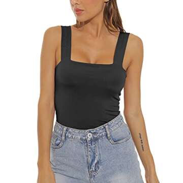 Amilia Women's Basic Solid Casual Wide Strap Tank Tops Double Layer Cami Crop Summer Shirts Black&Wh...