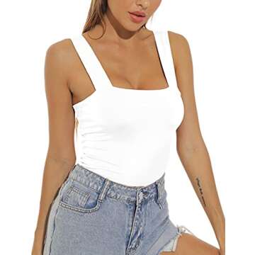 Amilia Women's Basic Solid Casual Wide Strap Tank Tops Double Layer Cami Crop Summer Shirts Black&White&Light Brown