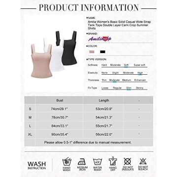 Amilia Women's Basic Solid Casual Wide Strap Tank Tops Double Layer Cami Crop Summer Shirts Black&White&Light Brown
