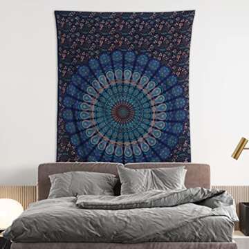 Bless International Handmade Indian Hippie Bohemian Peacock Mandala Tapestry - Versatile for Any Occ...