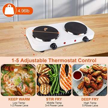 Hot Plate, 2000W Portable Induction Cooktop Double Burner with Dual Control & 5 Level Temperature Control, Easy to Clean, Lightweight Cast Iron Electric Stove for Kitchen Camping Cooking, 110V