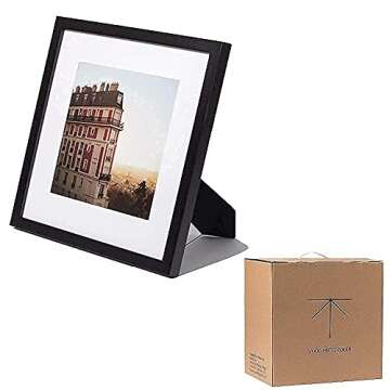 WOOD MEETS COLOR 12x12 hanging&standing Black Square Gallery Wall Kit Picture Frame Set, Display 8x8 Photos with Mat, Tabletop&Wall Mounting Decor for Family (9 Pcs)