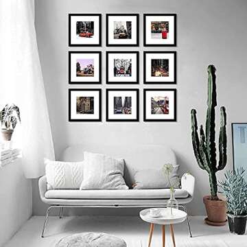 WOOD MEETS COLOR 12x12 hanging&standing Black Square Gallery Wall Kit Picture Frame Set, Display 8x8 Photos with Mat, Tabletop&Wall Mounting Decor for Family (9 Pcs)