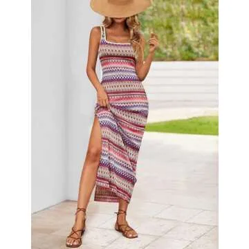 PRETTYGARDEN Tank Dress for Women 2025 Summer Casual Striped Maxi Dresses Fitted Square Neck Beach V...