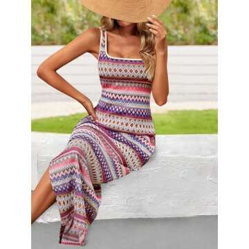 PRETTYGARDEN Tank Dress for Women 2025 Summer Casual Striped Maxi Dresses Fitted Square Neck Beach Vacation Bohemian Sundress (Pink Purple,XXL)