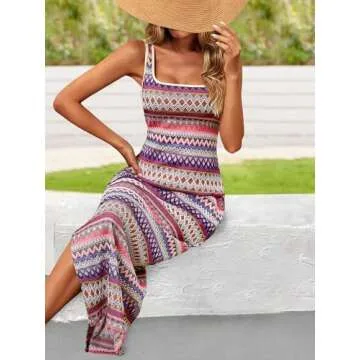 PRETTYGARDEN Tank Dress for Women 2025 Summer Casual Striped Maxi Dresses Fitted Square Neck Beach Vacation Bohemian Sundress (Pink Purple,XXL)