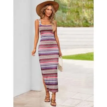 PRETTYGARDEN Tank Dress for Women 2025 Summer Casual Striped Maxi Dresses Fitted Square Neck Beach Vacation Bohemian Sundress (Pink Purple,XXL)