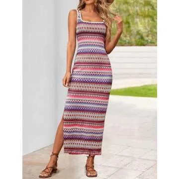 PRETTYGARDEN Tank Dress for Women 2025 Summer Casual Striped Maxi Dresses Fitted Square Neck Beach Vacation Bohemian Sundress (Pink Purple,XXL)