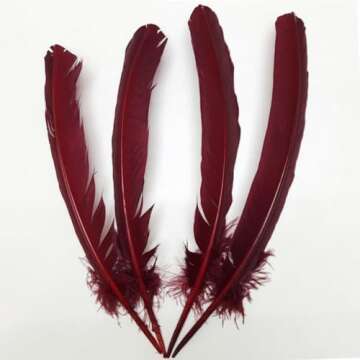 24Pcs Burgundy Turkey Feathers 10~12 inch,Beautiful Long Feather for Crafts,Bulk Big Size Bilateral Natural Feather,for Wedding Dress and Party Decoration,DIY Fabricating Handicraft Article (Burgundy)