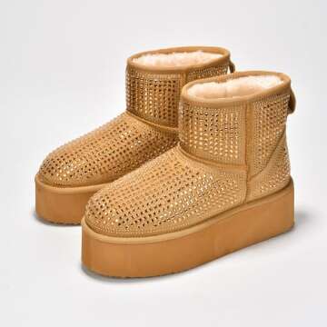 Cape Robbin Maxbe Mini Platform Boots for Women with Rhinestone Embellished- Warm Winter Boots with Memory Foam Insole - Fur Lined Moon Boots - Ladies Winter Boots - Camel Size 11