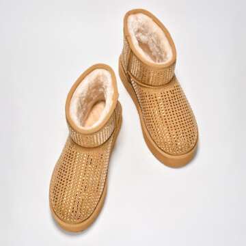 Cape Robbin Maxbe Mini Platform Boots for Women with Rhinestone Embellished- Warm Winter Boots with Memory Foam Insole - Fur Lined Moon Boots - Ladies Winter Boots - Camel Size 11