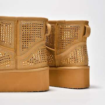 Cape Robbin Maxbe Mini Platform Boots for Women with Rhinestone Embellished- Warm Winter Boots with Memory Foam Insole - Fur Lined Moon Boots - Ladies Winter Boots - Camel Size 11