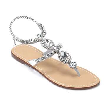 ZhuLinFeng Women's Rhinestone Gladiator Sandals Flat Beach Wedding Shoes Flip-flops Gemstone Pearl Sparkling Bride Bridesmaid Silver&Gold Size 7
