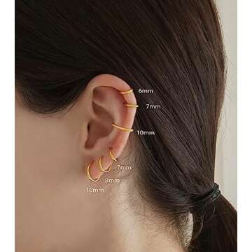 Small Gold Hoop Earrings for Women: 14K Gold Huggie Hoop Earrings for Cartilage Helix Tragus Hypoallergenic Tiny Thin Hoop Earrings Sets for Multiple Piercing (A: 5 Pairs Gold, 6/7/8/9/10mm)
