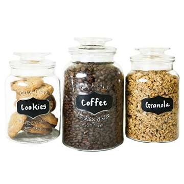 Godinger Airtight Glass Canisters Set of 3 - Round Clear Storage Containers with Sealed Lids, Chalkb...