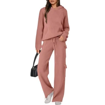 ANRABESS Women’s Two Piece Outfits Casual Knit Hooded Sweater Straight Leg Pants Set 2024 Fall Lou...