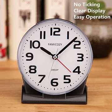 FAMICOZY 4.5" No Ticking Analog Alarm Clock,Silent Readable for Seniors,Easy to Set,Gradual Rise Ala...