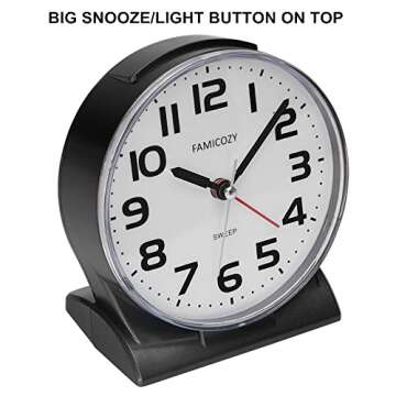 FAMICOZY 4.5" No Ticking Analog Alarm Clock,Silent Readable for Seniors,Easy to Set,Gradual Rise Alarm,Big Numbers,On/Off Switch on Side,Gentle Wake,Snooze Soft Backlight,Battery Operated,Black